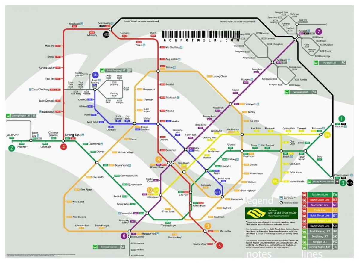 Singapuru linii metra na mapie